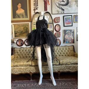 80s Black Tulle Hi-Lo Halter Dress Size S